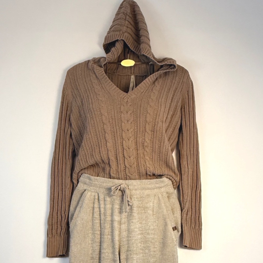 High Sierra Womens Cable Knit Hooded V Neck Sweater Brown Size XL